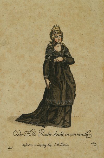 Kostymedesign for rollen som Nattens Dronning i operaen Tryllefløyten av Wolfgang Amadeus Mozart, utgitt i Leipzig av I. B. Klein, 1793 (fargegravering) av German School