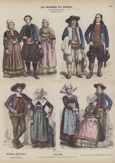 Kostymer fra Bretagne, sent på 1800-tallet (farget gravering) av German School
