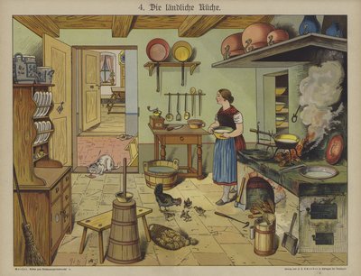 Landlig kjøkken (litho i farger) av German School