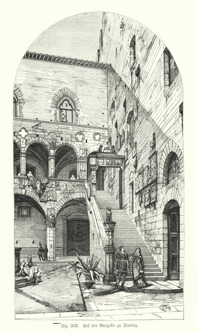 Gårdsplassen til Bargello, Firenze, Italia (gravering) av German School