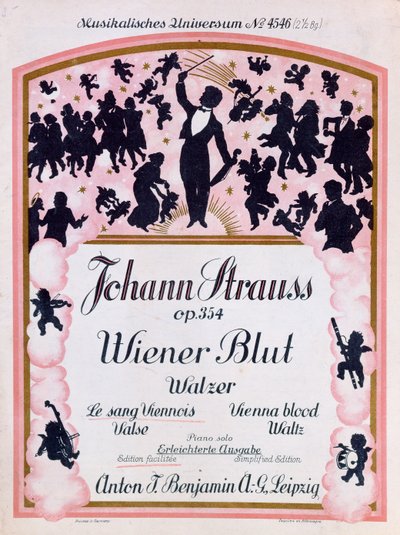 Omslag til partituret til den berømte valsen Wiener Blut op.354 av Johann Strauss II, (1825-99), 1930 av German School