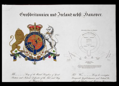 Crest of the King of the United Kingdom of Great Britain and Ireland, Defender of the Faith og King of Hannover (ca. 1801-37) (se også 111319) av German School