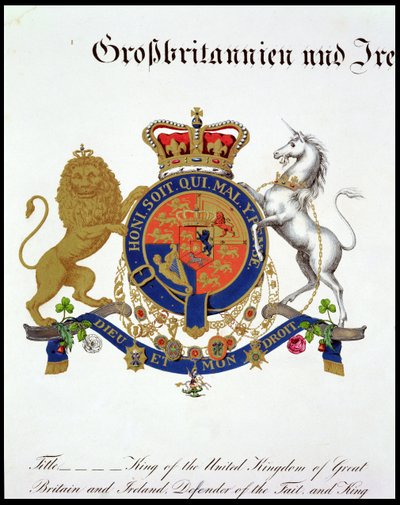 Crest of the King of the United Kingdom of Great Britain and Ireland, Defender of the Faith og King of Hannover (ca. 1801-37) (se også 111318) av German School