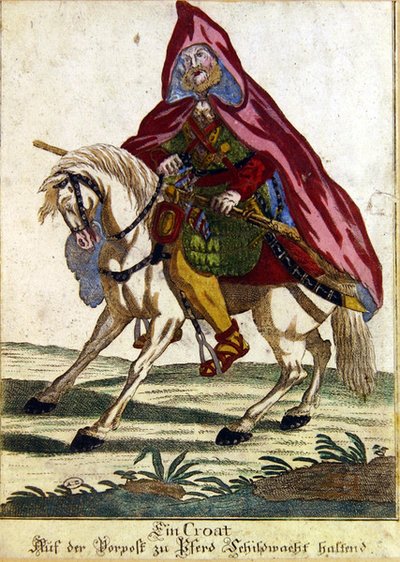Croat Warrior på en hest (farget gravering) av German School