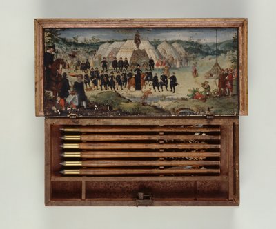 Armbrøstboltboks tilhørende prins Otto von Hesse, 1615 (malt tre) (se også 312140-312143) av German School