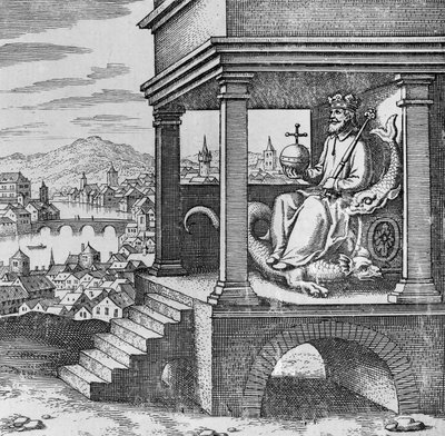 Crowned King on throne from Musaeum Hermeticum av German School