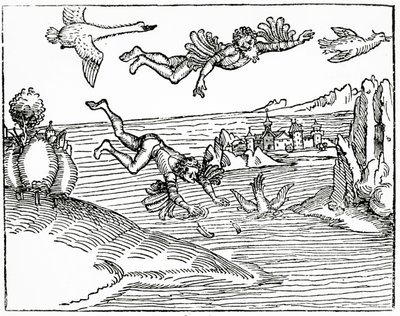Daedalus, som rømmer fra Kreta med sønnen sin, Ikaros, ser ham falle i døden, 1493 (tresnittgravering) av German School