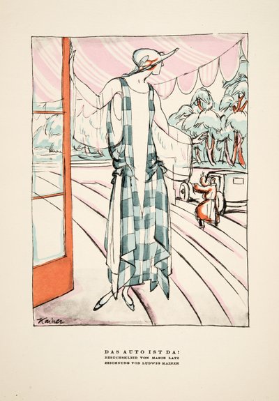«Das Auto Ist Da!», reklame for kjole av Marie Latz, fra Styl, utgitt 1922 (pochoir-trykk) av German School