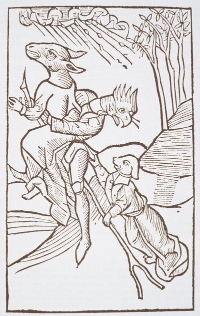 Avgang for sabbaten, kopi av en illustrasjon fra Von den Unholden oder Hexen av Ulrich Molior, Constanz 1489, brukt i en magihistorie, utgitt sent på 1800-tallet av German School