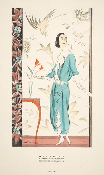 Der Brief, Coat Dress av Kurnen, fra Styl, pub.1922 (pochoir-trykk) av German School