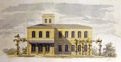 Design for en italiensk klassisk villa, ca. 1850 (akvarell med penn og blekk på papir) av German School