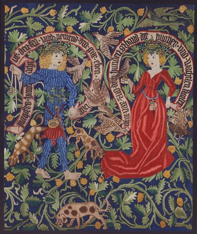 Detalj fra et billedvev som forestiller feer, Basel, ca. 1490 (fargelitografi) av German School