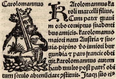 Detalj fra et originalt incunabelt blad, som viser Charlemagne (742-814) før 1500 (se også 237071) av German School