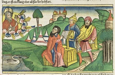 Deuteronomy: Frontispice der Gud lager lovene, fra Nürnberg-bibelen (Biblia Sacra Germanaica) (farget tresnitt) av German School