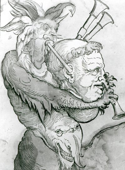 Devil Playing Mans Head as sekkepipe, 1144 (tresnitt) av German School