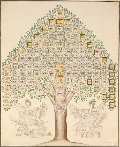 Diagram over de 97 stasjonene til regimentene som utgjorde den kongelige prøyssiske hæren, 1756 (penn, blekk og wc på papir) av German School