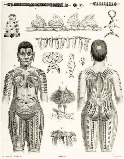 Diagram som viser polynesiske smykker, ornamenter og tatoveringsdesign, 1888 av German School