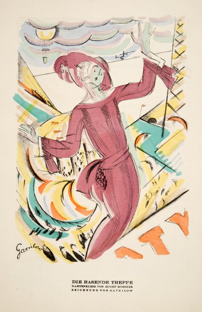 «Die Rasende Treppe», reklame for kjole av Eugen Mossner, fra Styl, utgitt 1922 (pochoir-trykk) av German School