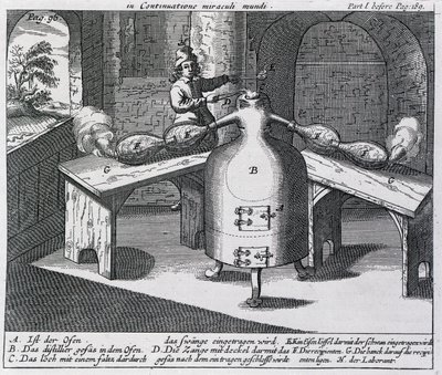 Destillasjon av salpetersyre (Aqua fortis eller skillesyre) i en jernmann med to neser av German School