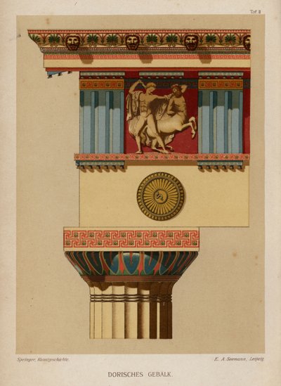Dorisk entablatur, gammel gresk arkitektur (farge litho) av German School