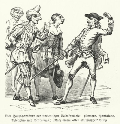 Doktor, Pantalone, Arlecchino og Scaramuccia, fire karakterer fra Commedia dell