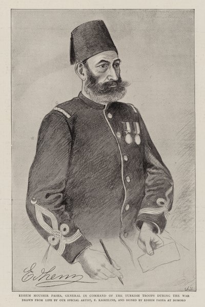 Edhem Moushir Pasha, general i kommando over de tyrkiske troppene under krigen (litho) av German School