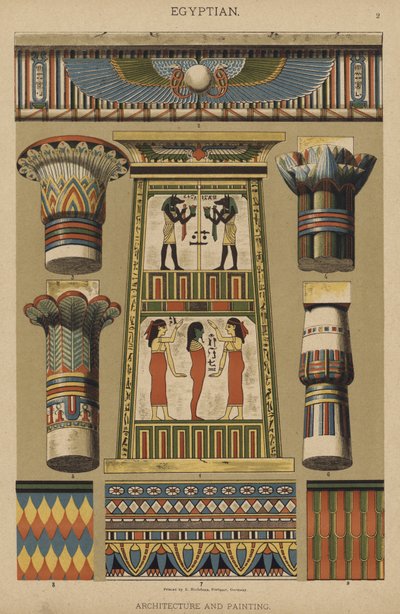 Egyptisk, arkitektur og maleri (litho-farge) av German School