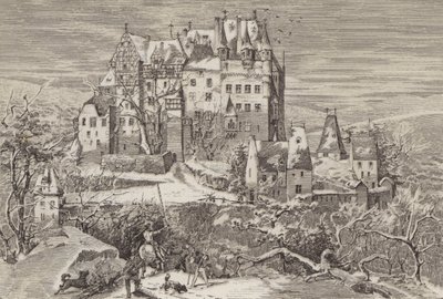 Eltz slott, i åsene over Mosel-elven, Tyskland, slik det så ut på slutten av 1500-tallet (litho) av German School