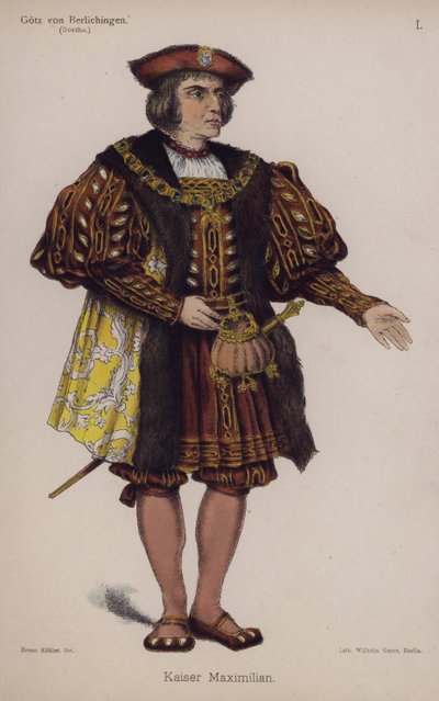 Keiser Maximilian, fra Gotz von Berlichingen av Goethe (farge litho) av German School
