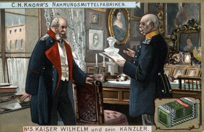 Keiser Vilhelm I av Tyskland og Preussen (1797-1888) og kansler Otto von Bismarck (1815-1898) diskuterer politiske spørsmål. Kromolitografi, slutten av 1800-tallet. av German School