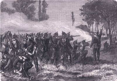 Encounter in the woods before Metz, Cassells History of the War between France and Germany utgitt av Cassell and Company Limited, ca. 1890 (litho) av German School
