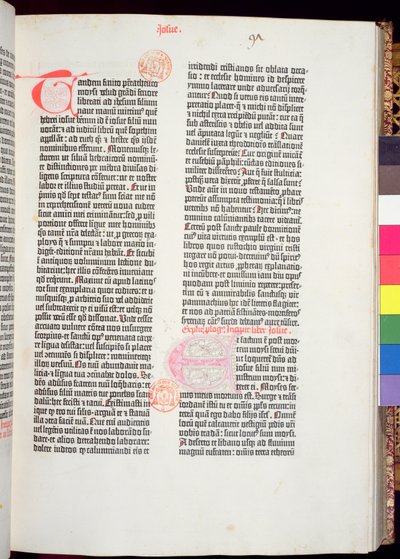 Slutten av Pentateuken og begynnelsen av Josvas bok, fra Gutenberg-bibelen, trykt av Johannes Gutenberg (ca. 1400-68) & og Peter Schoeffer (1425-1502) i Mainz, 1454-56 (trykt papir) av German School