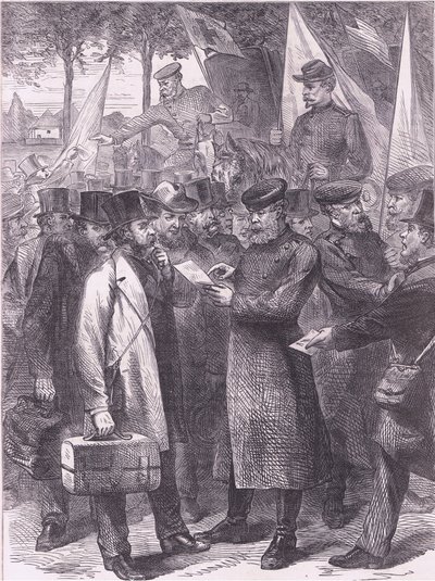 Engelske innbyggere som forlater Paris, Cassells History of the War between France and Germany utgitt av Cassell and Company Limited, ca. 1890 (litho) av German School