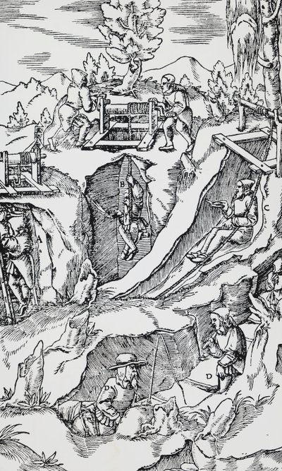 Gravering fra De re metallica (Om metallers natur), av Georg Pawer eller Georgius Agricola (1494-1555), utgitt i Basel av German School