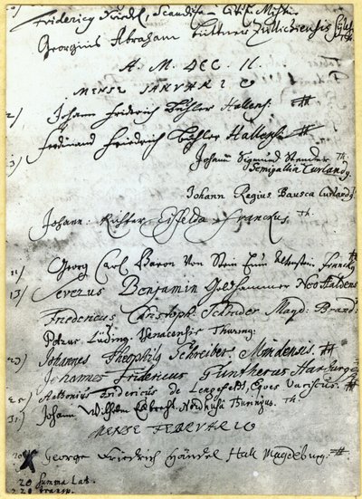 Oppføring i Halle University-postene, som viser Händels navn, 1702 av German School