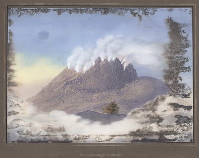 Utbrudd ved Merapi-vulkanen med utsikt over østenden av krateret, november 1836, pl.VI fra Topografisk og Scientific Atlas on the Journey through Java, av Dr. Fru Junghuhn, Magdebu av German School