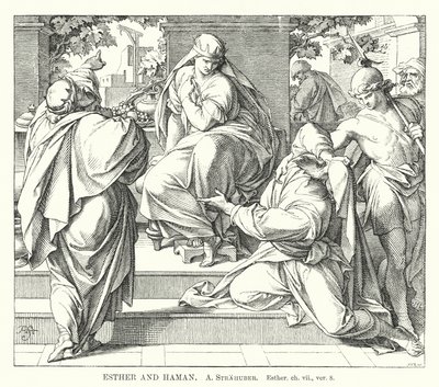 Esther og Haman, Esther, kap vii, ver 8 (gravering) av German School