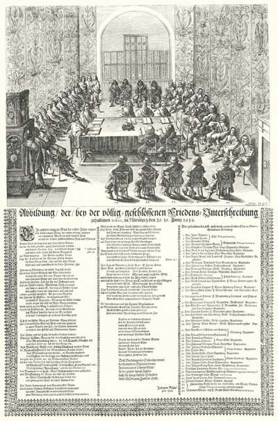 Europeisk fredskongress holdt i Nürnberg i 1650 etter Trettiårs Wa (gravering) av German School