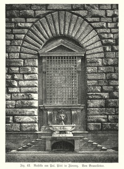 Eksempel på rustifisering, av Filippo Brunelleschi, Palazzo Pitti, Firenze, Italia (gravering) av German School