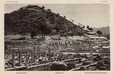 Utgraving av stedet for det gamle Olympia, Hellas: Palaestra, Hera-tempelet og skattkammerene (gravering) av German School