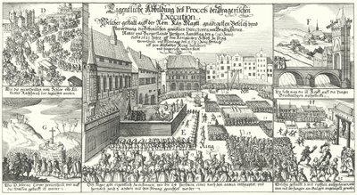 Henrettelse av medlemmer av det protestantiske bohemopprøret på Gamlebytorget i Praha av German School