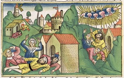 2. Mosebok 11 1-10 De syv plager i Egypt: døden til de eldste sønnene, fra Nürnbergbibelen (Biblia Sacra Germanaica) (farget tresnitt) av German School