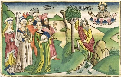 2. Mosebok 15 1-19 Moses sang, fra Nürnbergbibelen (Biblia Sacra Germanaica) (farget tresnitt) av German School