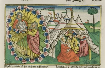 2. Mosebok 20 1-5 Moses mottar de ti bud, fra Nürnbergbibelen (Biblia Sacra Germanaica) (farget tresnitt) av German School