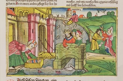 2. Mosebok 2 1-6 Moses ble fløt nedover Nilen og oppdaget av en av faraos koner, fra Nürnbergbibelen (Biblia Sacra Germanaica) (farget tresnitt) av German School
