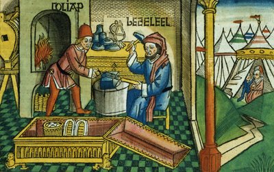 2. Mosebok 31 2-8 Bezalel og Oholiab lager paktens ark, fra Nürnbergbibelen (Biblia Sacra Germanaica) (farget tresnitt) av German School