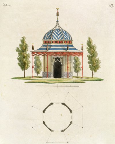 Eksteriør av et kinesisk hagetempel, fra Recent New Ideas for the Garden, utgitt 1779 (fargegravering) (se også 170864) av German School