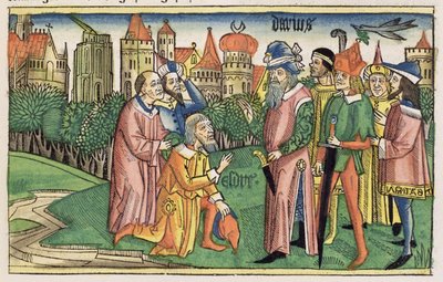 Ezra 6 16 Jerusalems tempel er innviet av kong Darius, fra Nürnbergbibelen (Biblia Sacra Germanaica) (farget tresnitt) av German School