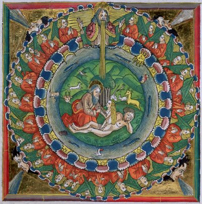 Faksimilekopi av 1. Mosebok 2:22 Gud skapte Eva, fra Nürnbergbibelen (Biblia Sacra Germanaica) av German School