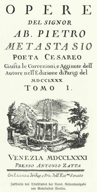 Faksimile av tittelsiden til en venetiansk utgave av de samlede verkene til den italienske poeten og librettisten Pietro Metastasio (litho) av German School